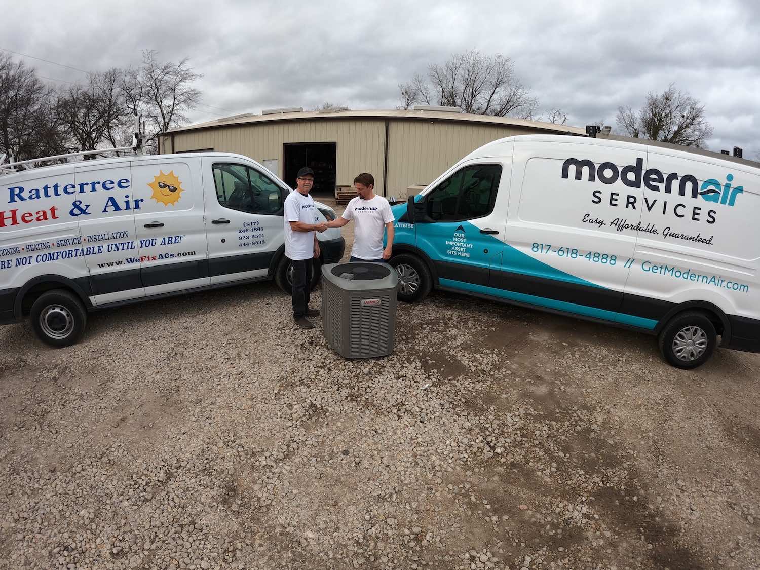two work vans, one for ratterree heat & air, the other for modernair services